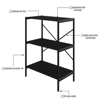 Estante C/03 Prateleiras 84x60x33cm Tub Tueh863 Preto ônix - Est.preta Preto ônix / Est.preta