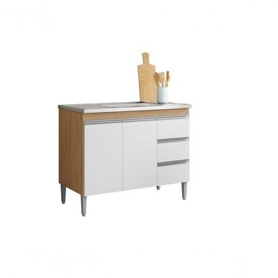 Balcão De Cozinha Para Pia Tatiane 100cm 3 Portas 1 Gaveta Sem Tampo Amêndoa/Branco