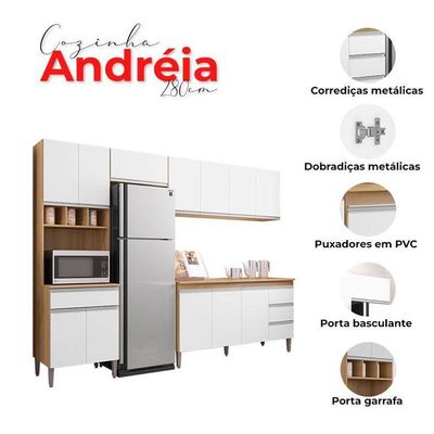 Cozinha Com Balcão E Tampo 160cm Andréia Amêndoa Branco - Ajl