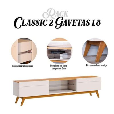 Rack Bancada Ambiente Classic 2 Gavetas Com Painel Para Tv Suspenso Ripado Loft 1.8 Off White Nature - Imcal