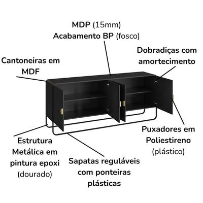 Buffet Aparador Organico 4 Portas 180 Cm 28075 Artesano Nero Preto