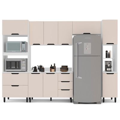 Cozinha Completa com Tampo e Paneleiro Meena 10 Portas 4 Gavetas Creme e Branca