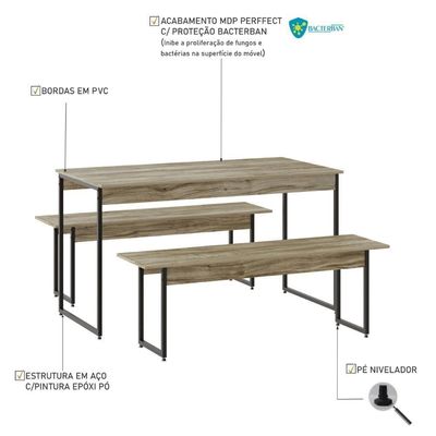 Mesa De Jantar Com 2 Bancos Estilo Industrial Tub  Carvalho / Est.preta