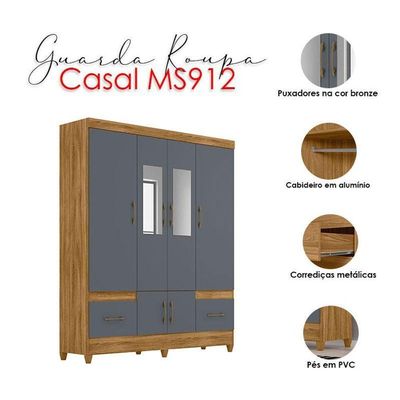 Guarda Roupa Casal Ambiente Ms912 6 Portas Freijó Cinza Com Espelho - Moval