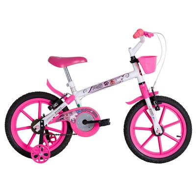 Bicicleta Pinky WR Aro 16 Quadro 10 Polegadas Rodinhas Laterais Track Bikes Branco / Rosa