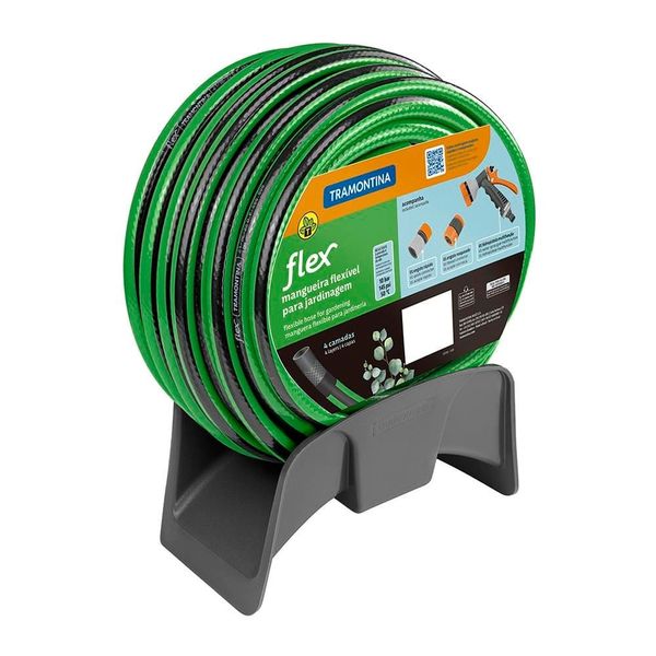 Mangueira Tramontina Flex para Jardim em PVC 4 Camadas, Engate Rápido, Engate Rosqueado, Hidropistola e Suporte 10 Metros Verde e Preto