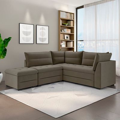 Sofá Modular de Canto 4 Lugares Luizzi Quebec com Pufe e Revestimento em Suede 408cm de Largura Capuccino