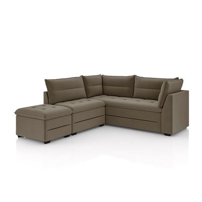 Sofá Modular de Canto 4 Lugares Luizzi Quebec com Pufe e Revestimento em Suede 408cm de Largura Capuccino