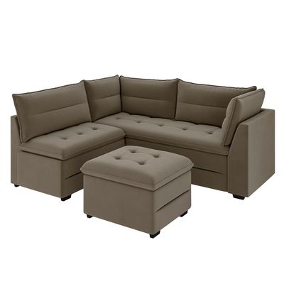 Sofá Modular de Canto 4 Lugares Luizzi Quebec com Pufe e Revestimento em Suede 408cm de Largura Capuccino