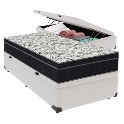 Cama + Box Com Bau Solteiro Colchão Extra Firme Airtech Ortobom D45 Branco