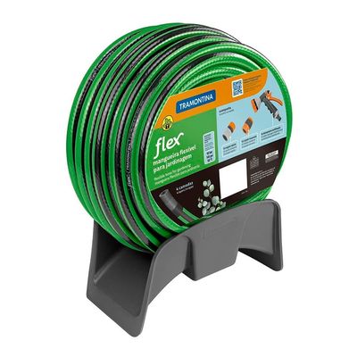 Mangueira Tramontina Flex para Jardim em PVC 4 Camadas, Engate Rápido, Engate Rosqueado, Hidropistola e Suporte 15 Metros Verde e Preto