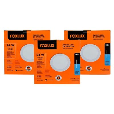 Kit 3 Painel Led 29,4x29,4 Redonda Branco Embutir 24w 6500k Foxlux