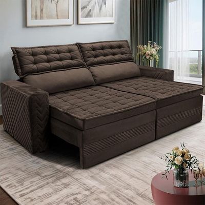 Sofá 3 Lugares Cama inBox Cielo com Assento Retrátil, Encosto Reclinável em Suede Velusoft e 200cm de Largura Café