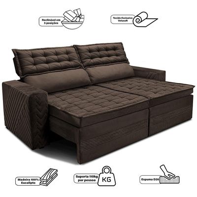 Sofá 3 Lugares Cama inBox Cielo com Assento Retrátil, Encosto Reclinável em Suede Velusoft e 200cm de Largura Café