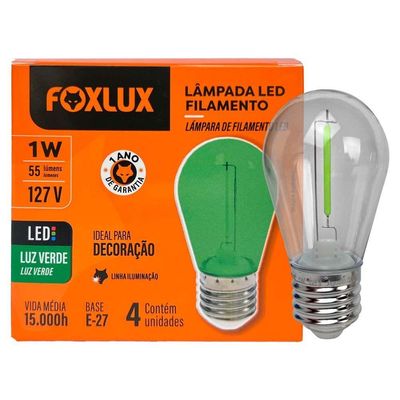 Lâmpada Led Filamento Verde 1w E-27 127v 4 Peças Foxlux