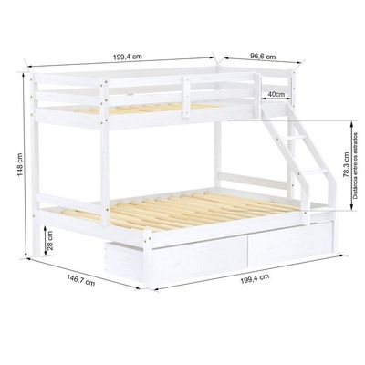 Beliche Com Cama Casal Eco Com 02 Gavetas Madeira Maciça Branco Mobilistore