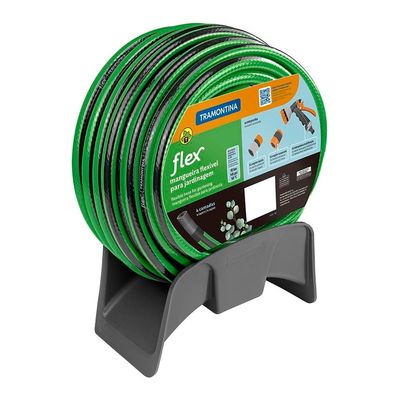Mangueira Tramontina Flex para Jardim em PVC 4 Camadas, Engate Rosqueado, Esguicho e Suporte 20 Metros Verde e Preto