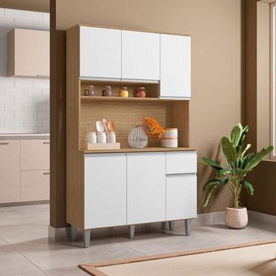 Kit De Cozinha Marcia 105cm Compacta 6 Portas Amêndoa/Branco