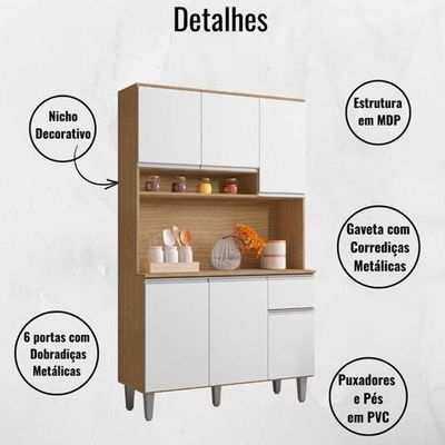 Kit De Cozinha Marcia 105cm Compacta 6 Portas Amêndoa/Branco