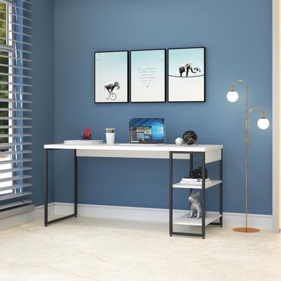 Mesa C/estante Baixa 150x64x75cm Com 02 Prateleiras Branco Chess / Est.preta