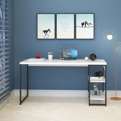 Mesa C/estante Baixa 150x64x75cm Com 02 Prateleiras Branco Chess / Est.preta