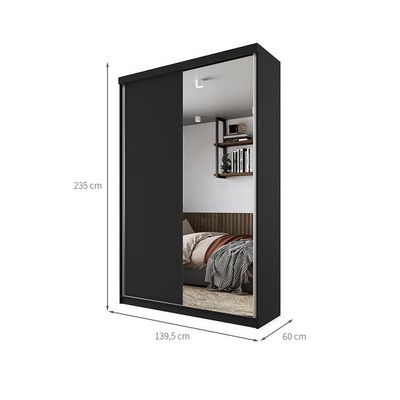 Gaurda-Roupa Solteiro com 1 Espelho Geneve 100% MDF 2 PT 2 GV Preto