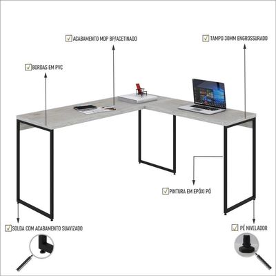Mesa Em L Dynamica Diretor 150x140x75cm Snow Estrutura preta
