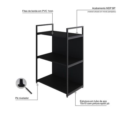 Estante C/03 Prateleiras 84x60x33cm C/fundo Yon Preto Tx/est.preta Preto Tx/est.preta