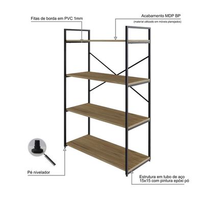 Estante C/04 Prateleiras 118x80x33cm Yon Vermont Oak/est.preta Vermont Oak/est.preta