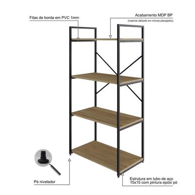 Estante C/04 Prateleiras 118x60x33cm Yon Vermont Oak/est.preta Vermont Oak/est.preta