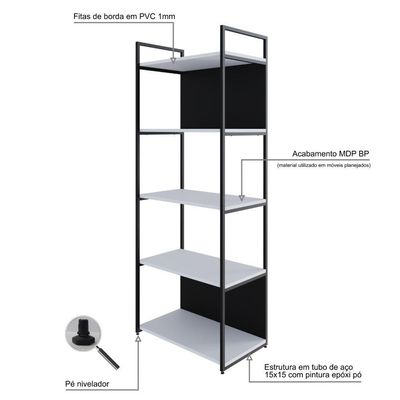 Estante C/05 Prateleiras 152x60x33cm C/fundo Yon Branco Tx/est.preta Branco Tx/est.preta