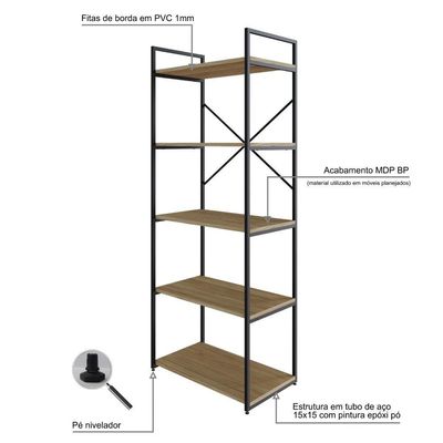 Estante C/05 Prateleiras 152x60x33cm Yon Vermont Oak/est.preta Vermont Oak/est.preta