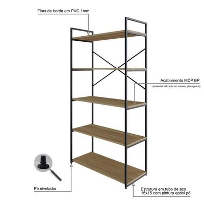 Estante C/05 Prateleiras 152x80x33cm Yon Vermont Oak/est.preta Vermont Oak/est.preta