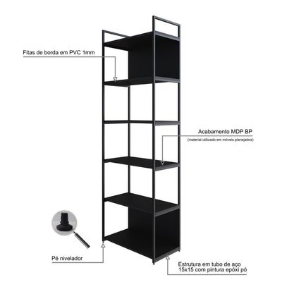 Estante Alta C/06 Prateleiras 185x60x33cm C/fundo Yon Preto Tx/est.preta Preto Tx/est.preta