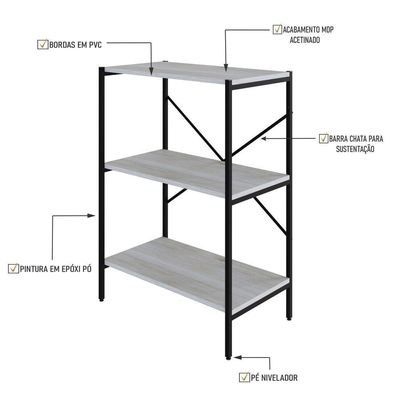Estante C/03 Prateleiras 84x60x33cm Tub Tueh863 Snow - Est.preta Snow / Est.preta