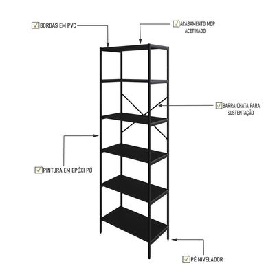 Estante C/06 Prateleiras 186x60x33cm Tub Tueh1866 Preto ônix - Est.preta Preto ônix / Est.preta