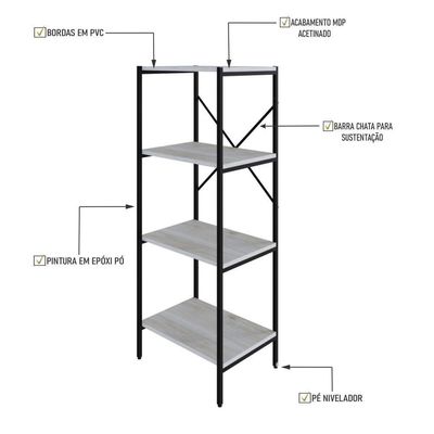Estante C/04 Prateleiras 118x45x33cm Tub Tueh1144 Snow - Est.preta Snow / Est.preta