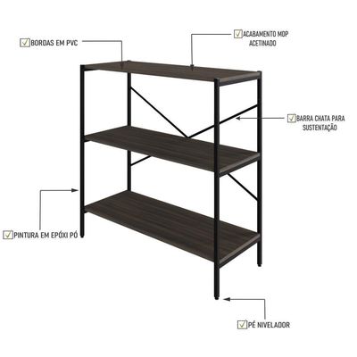 Estante C/03 Prateleiras 84x80x33cm Tub Tueh883 Nogal - Est.preta Nogal / Est.preta