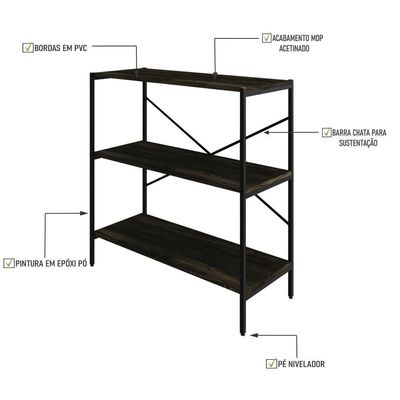 Estante C/03 Prateleiras 84x80x33cm Tub Tueh883 Carvalho Dark - Est.preta Carvalho Dark / Est.preta