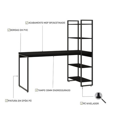 Mesa C/estante Alta 150x64x147cm Com 04 Prateleiras Preto ônix / Est.preta