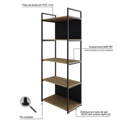 Estante C/05 Prateleiras 152x60x33cm C/fundo Yon Vermont Oak/est.preta Vermont Oak/est.preta