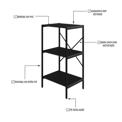 Estante C/03 Prateleiras 84x45x33cm Tub Tueh843 Preto ônix - Est.preta Preto ônix / Est.preta