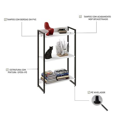 Estante Dynamica 60x30x104cm C/03 Prateleiras Branco Chess / Est.preta Branco Chess / Est.preta