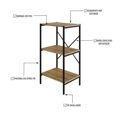 Estante C/03 Prateleiras 84x45x33cm Tub Tueh843 Lâmina Mel - Est.preta Lâmina Mel / Est.preta