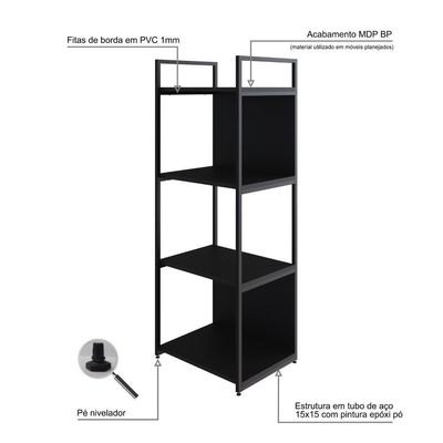 Estante C/04 Prateleiras 118x45x33cm C/fundo Yon Preto Tx/est.preta Preto Tx/est.preta