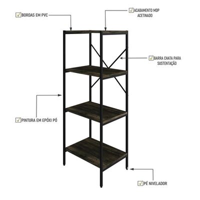 Estante C/04 Prateleiras 118x45x33cm Tub Tueh1144 Carvalho Dark - Est.preta Carvalho Dark / Est.preta