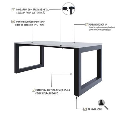 Mesa De Jantar Bronx 180x90x77cm Brmj9180 Branco Tx - Est.preta Branco Tx/est.preta
