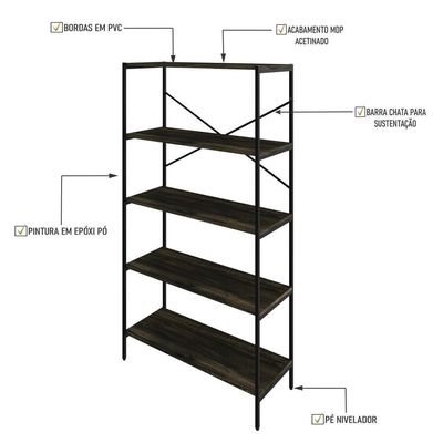 Estante C/05 Prateleiras 152x80x33cm Tub Tueh1585 Carvalho Dark - Est.preta Carvalho Dark / Est.preta