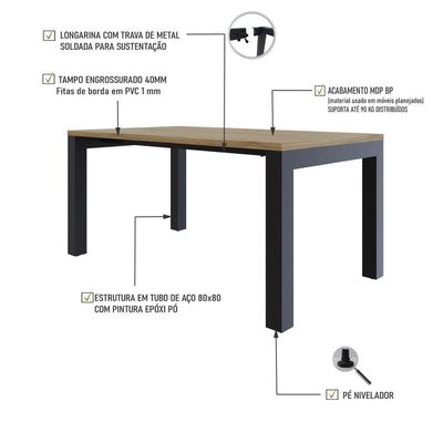 Mesa De Jantar Bronx U 160x90x77cm Brmj9160u Vermont Oak - Est.preta Vermont Oak/est.preta