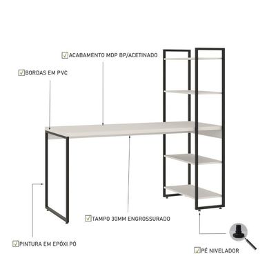 Mesa C/estante Alta 150x64x147cm C/04 Prateleiras Branco Chess / Est.preta